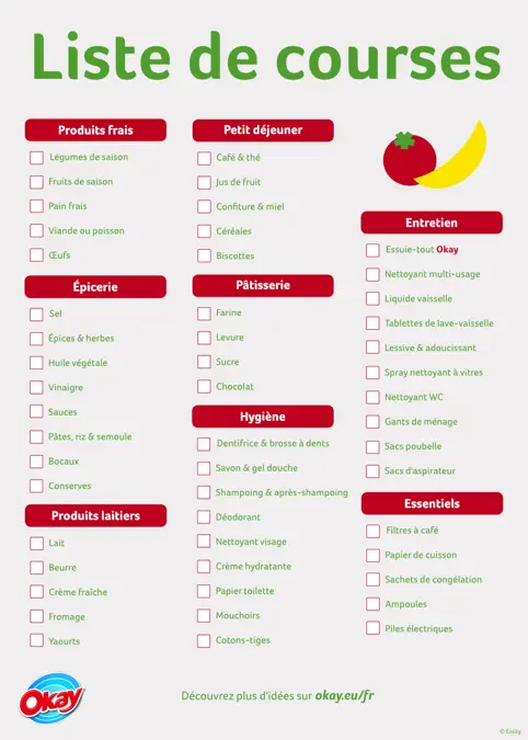 Liste de courses avec différentes catégories d’aliments et logo Okay.