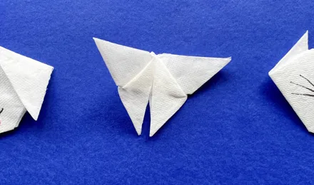 Trois origamis d'animaux faits avec de l'essuie-tout. De gauche à droite : un chat, un papillon, et un chien