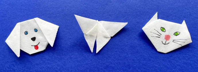 Trois origamis d’animaux : origami de papillon facile, de chat et de chien.