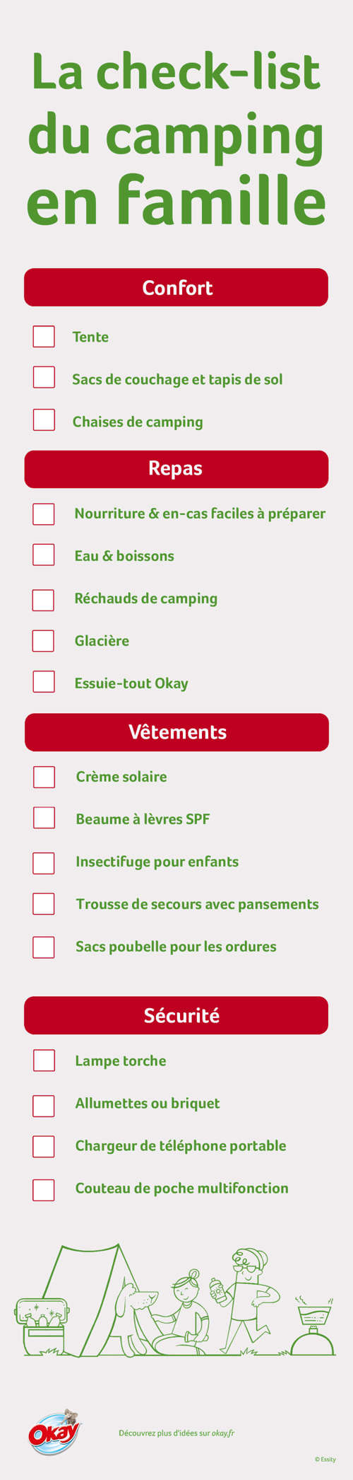 Une famille avec le matériel de camping comprenant une tente, glacière et un réchaud, assise avec un chien