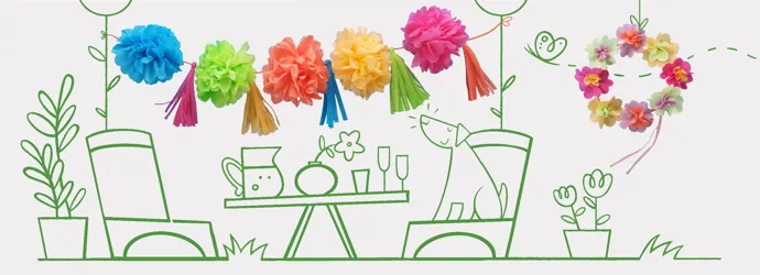 Un chien assis à table avec des flûtes à champagne, une vase, une carafe, et des pompons sur une ficelle au-dessus.