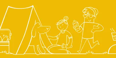 Illustration sur fond jaune de deux personnes et d'un chien en train de camper. 