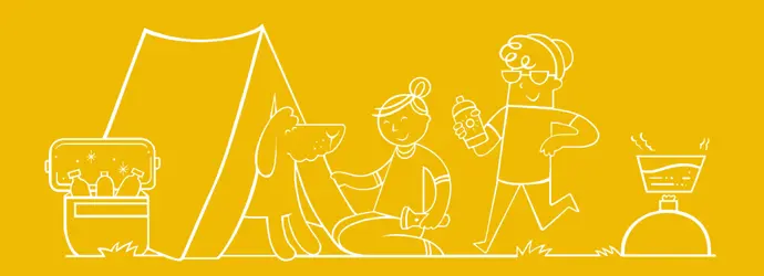 Illustration sur fond jaune de deux personnes et d'un chien en train de camper. 