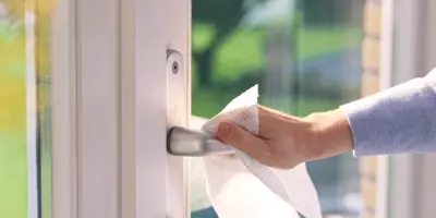 La main nettoie une poignée de porte en acier inoxydable avec une feuille de papier de cuisine Okay