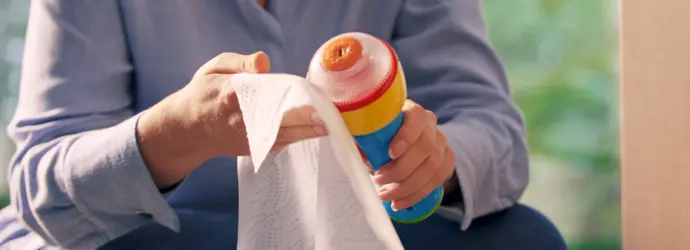 un homme en chemise bleue essuie une bouteille en plastique réfrigérée avec du papier essuie-tout Okay