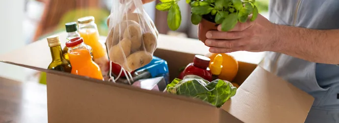 Une boîte de courses, et 2 mains qui attrapent une plante ainsi qu'un sac en filet contenant des pommes de terre.