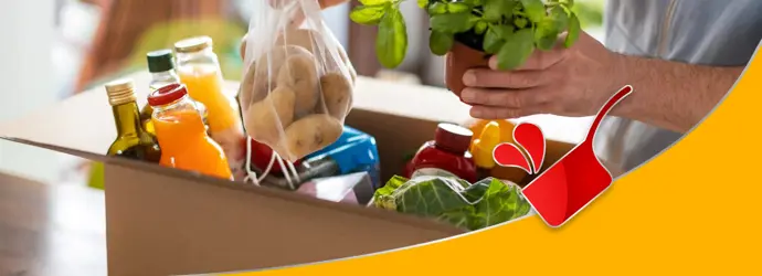 Une boîte de courses, et 2 mains qui attrapent une plante ainsi qu'un sac en filet contenant des pommes de terre.