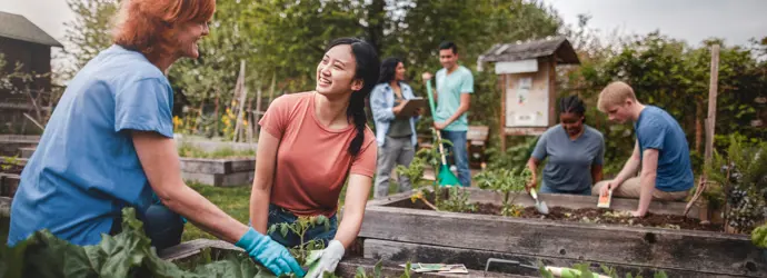 Deux femmes s'agenouillent et plantent dans un jardin surélevé ensoleillé.