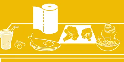 Illustration d’une table avec poisson, brocoli, pâtes, œufs, jus et essuie-tout sur fond jaune.