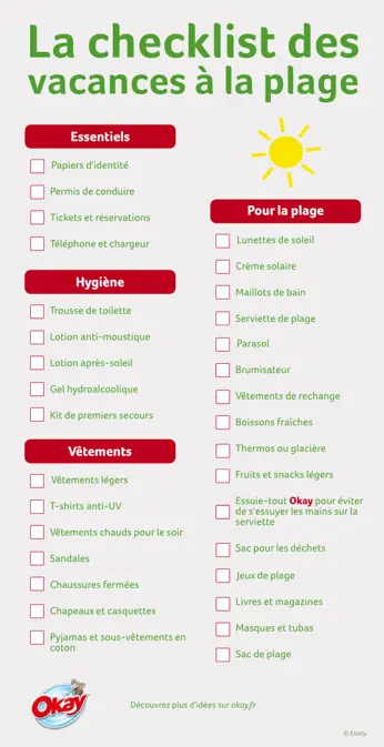 Une check list de vacances comprenant plusieurs catégories d'objets indispensables avec des cases à cocher en rouge.