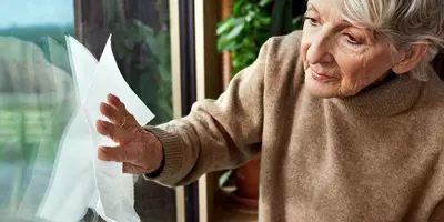 Dame âgée portant un pull-over beige nettoyant une fenêtre.