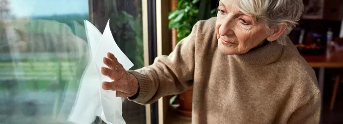 Dame âgée portant un pull-over beige nettoyant une fenêtre.